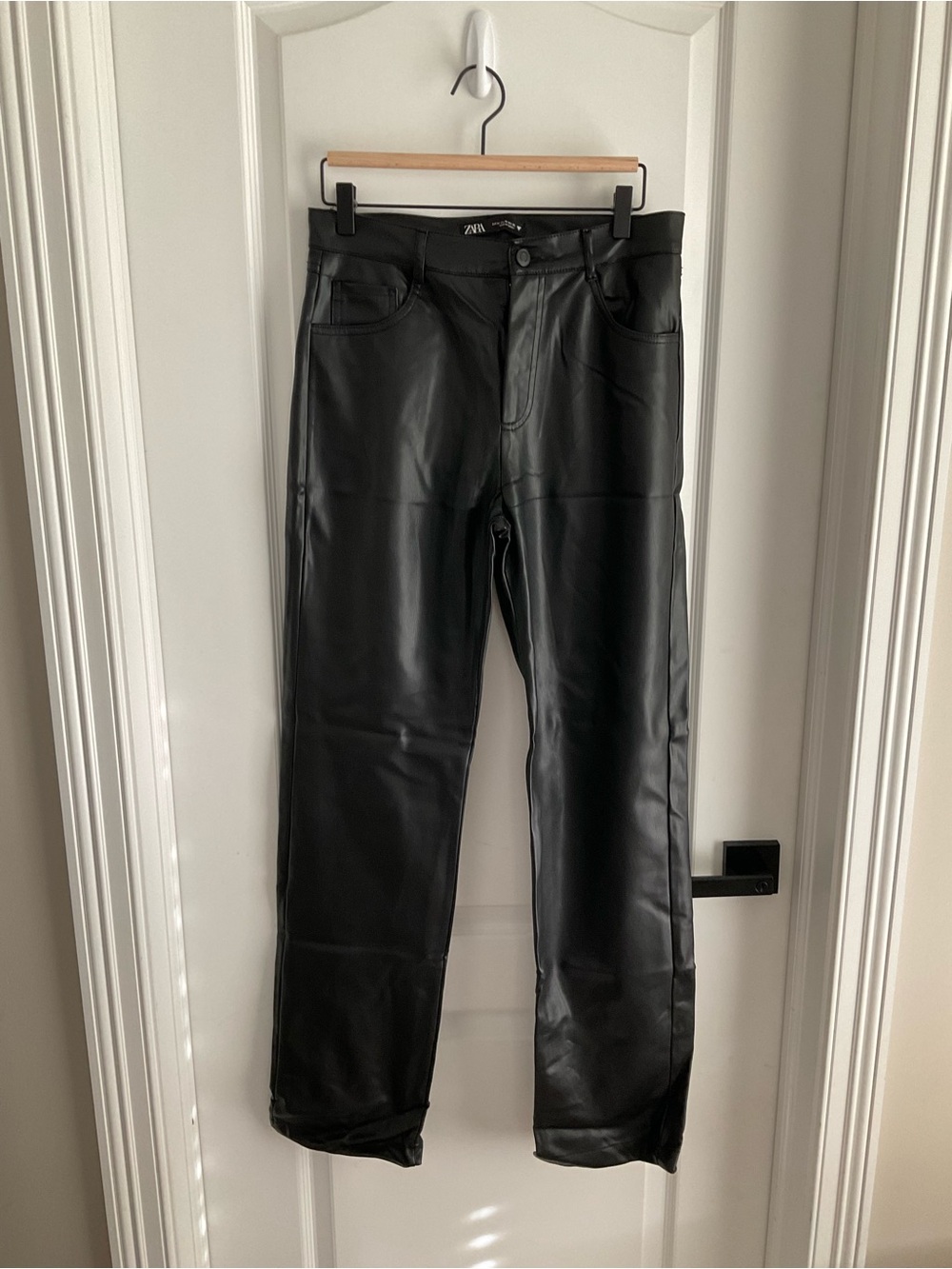 Zara Faux Leather Pants Black Straight Leg Vegan Leather Trousers Medium